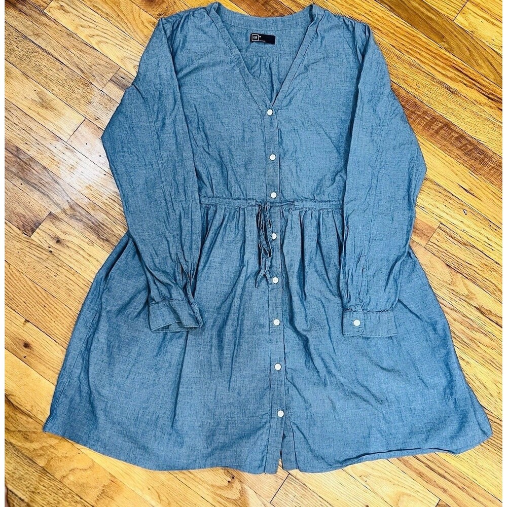 Gap Womens Blue Chambray Long Sleeve Drawstring Shirt Dress 8 Pockets V Neck